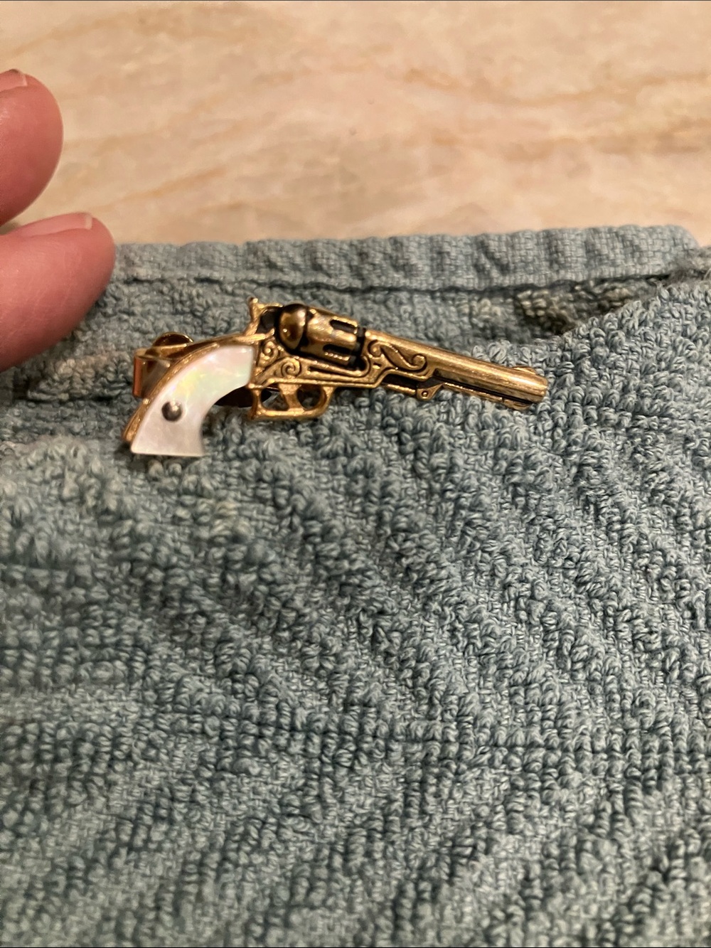 SWANK Gold-Tone Revolver Cuff Link with Mother-of-Pearl Grip